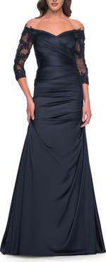 La Femme Mermaid Satin Dress with Gathering and Off the Shoulder Top