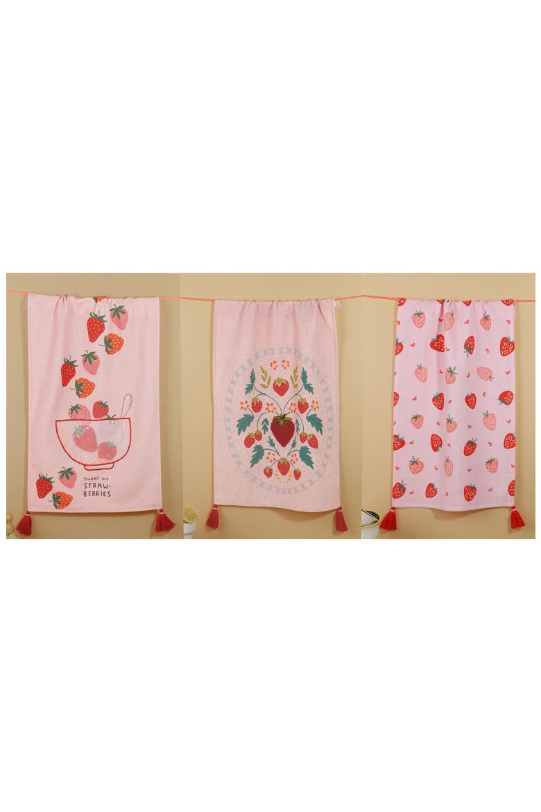 Strawberry Fields Forever Set of 3 Kitchen Towels, Alternate, color, PINK/ RED