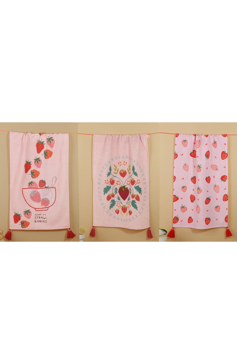Tiramisu Strawberry Fields Forever Set of 3 Kitchen Towels, Alternate, color, Pink/ Red