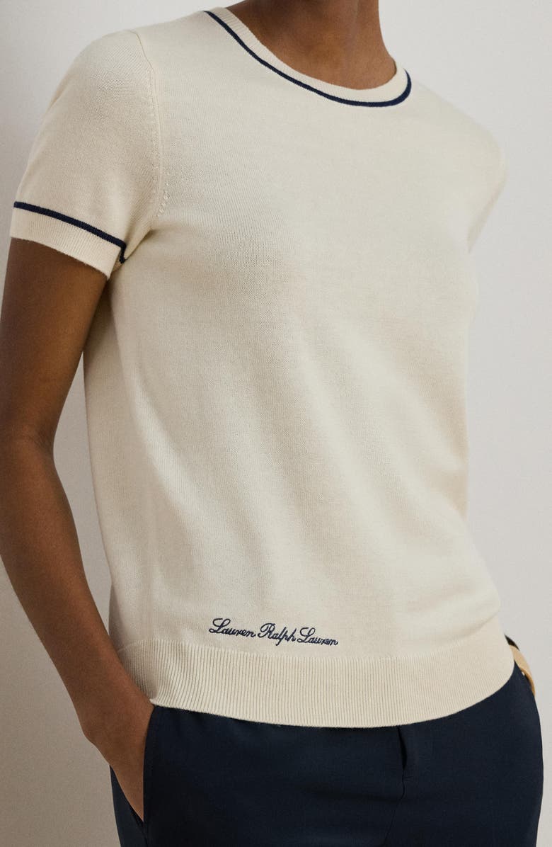 Lauren Ralph Lauren Tipped Short Sleeve Crewneck Sweater, Alternate, color, Mascarpone Cream/ Refined Navy