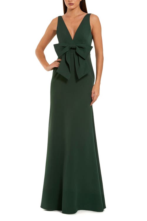Mac Duggal Crepe Sleeveless V Neck Column Dress With Bow In Green