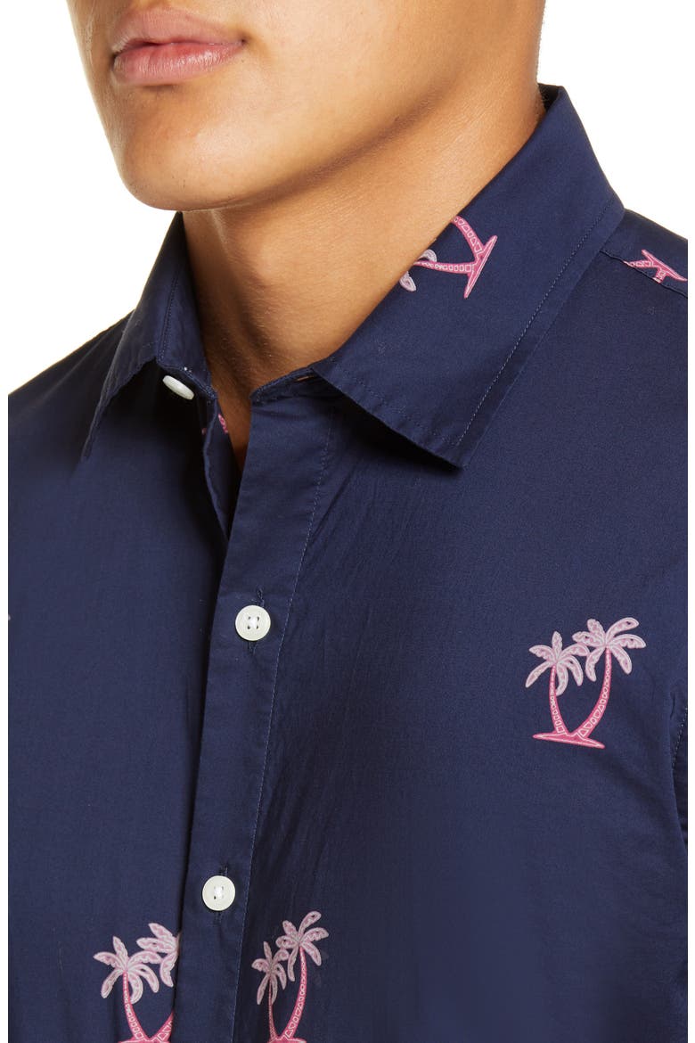 Slim Fit Short Sleeve Button-Up Shirt, Alternate, color, NEON PALMS - PINK ORCHID
