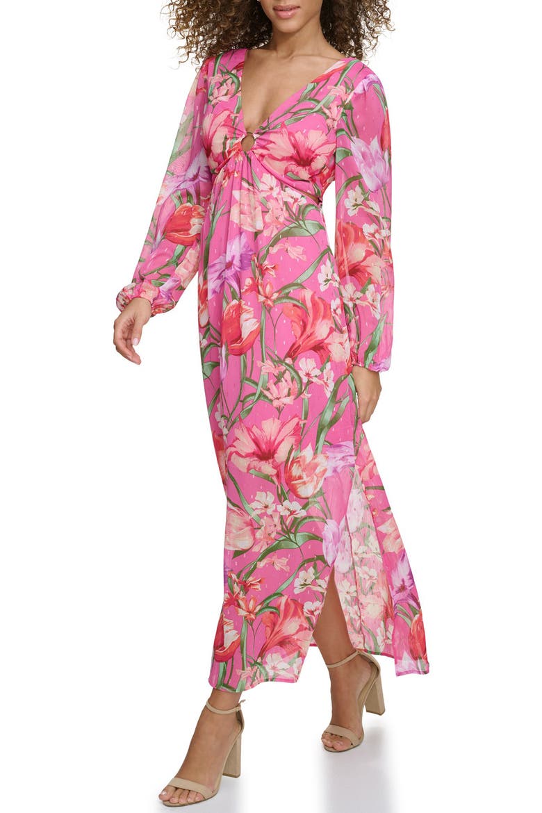 Floral Long Sleeve Clip Dot Maxi Dress, Alternate, color, PINK MULTI