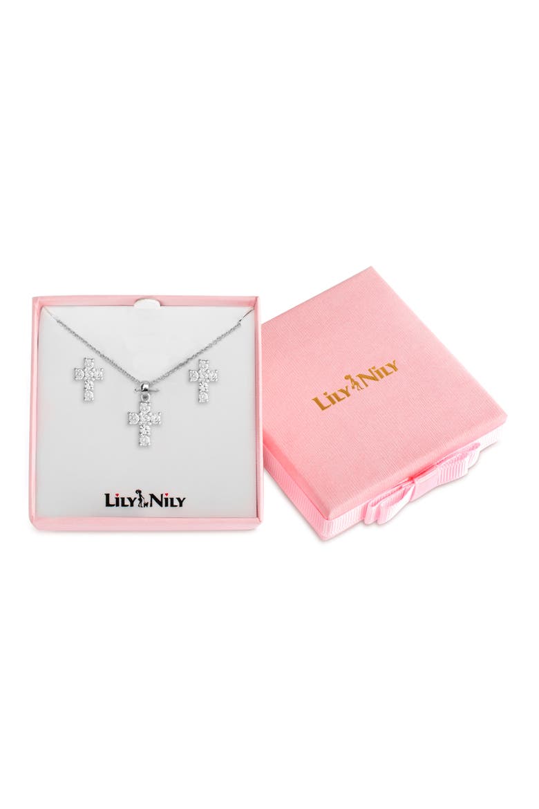 Kids' Cubic Zirconia Pendant Necklace & Stud Earrings Set, Alternate, color, SILVER