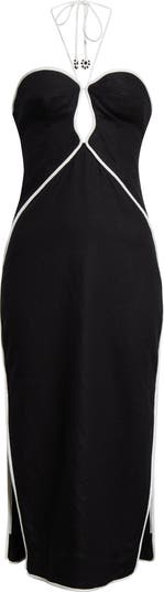 Contrast Detail Center Cutout Linen Blend Midi Dress