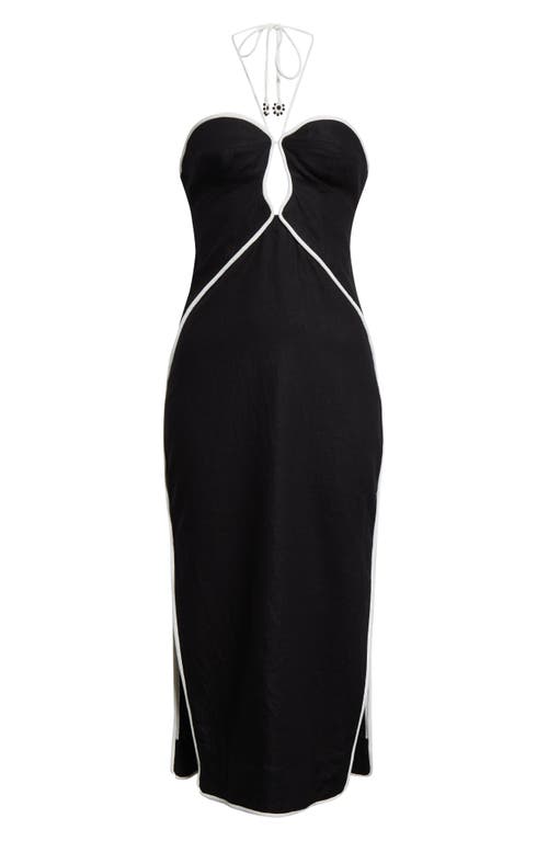 Farm Rio Contrast Detail Center Cutout Linen Blend Midi Dress In Black And White