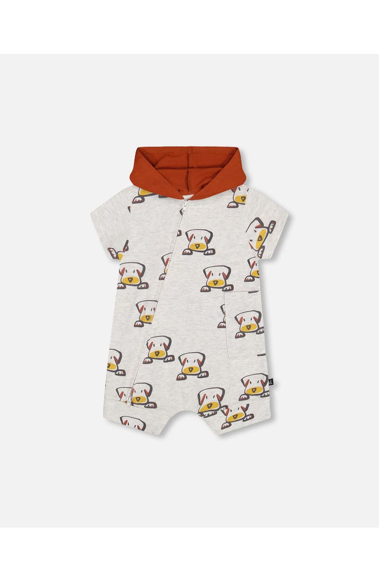 Deux par Deux Baby Boy's Organic Cotton Hooded Romper Heather Beige With Printed Dog, Main, color, 