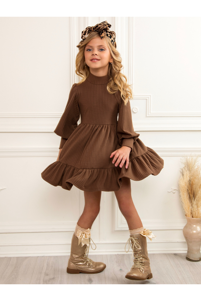 Ribbed Long Sleeve Ruffle Dress, Alternate, color, Brown