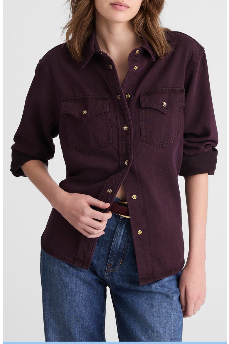 Airy Oversize Denim Snap-Up Shirt, Main, color, DARK BURGUNDY