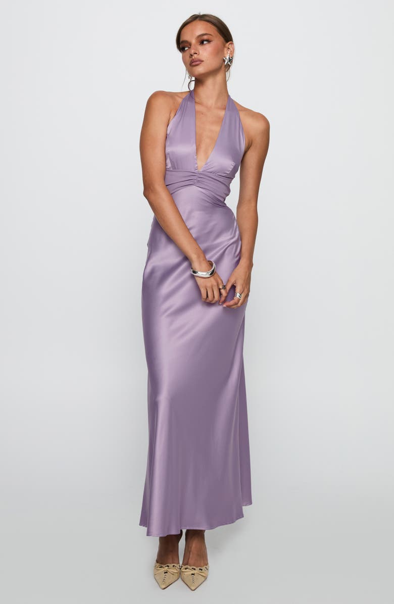 Princess Polly Rousseau Satin Halter Gown, Alternate, color, Mauve