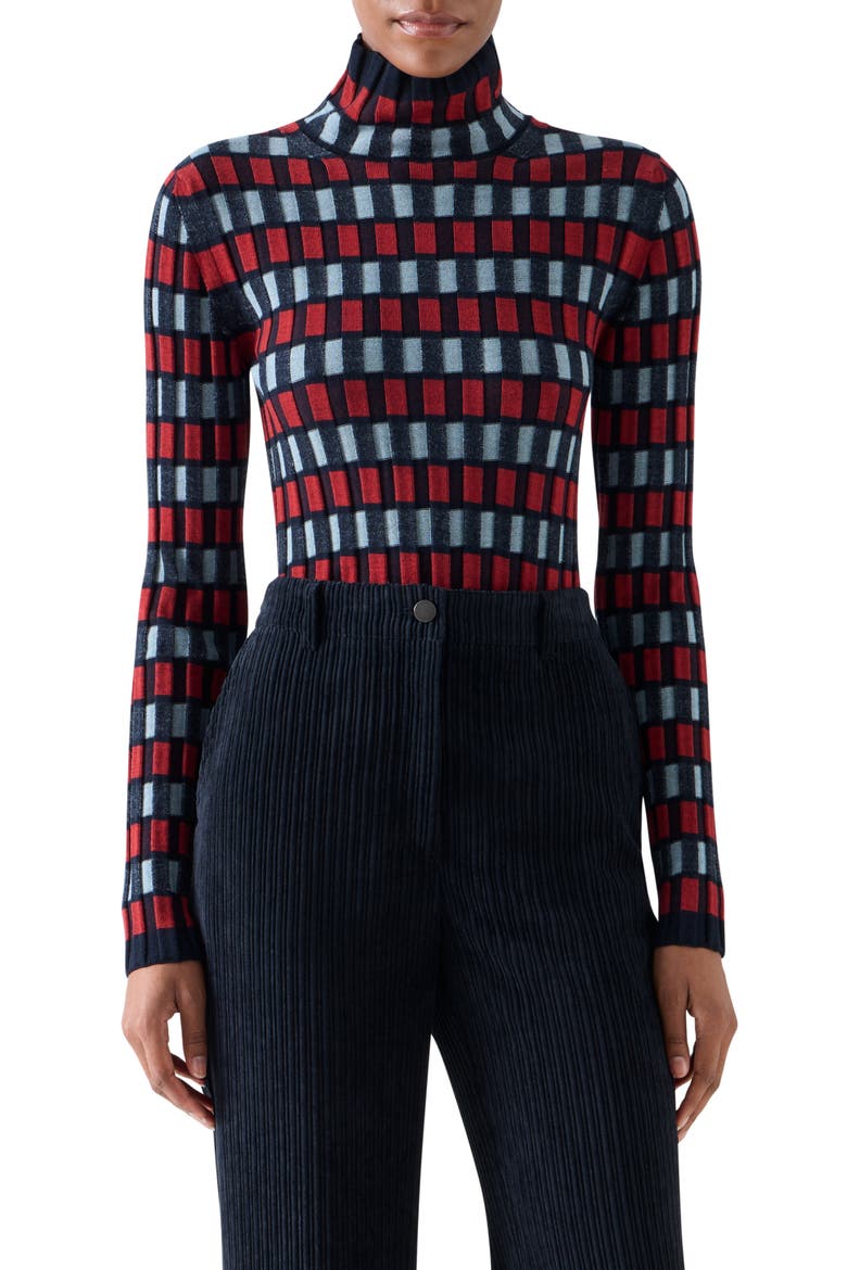 Intarsia Check Wool Turtlenck Sweater, Main, color, NAVY-RUSTY RED-LIGHT