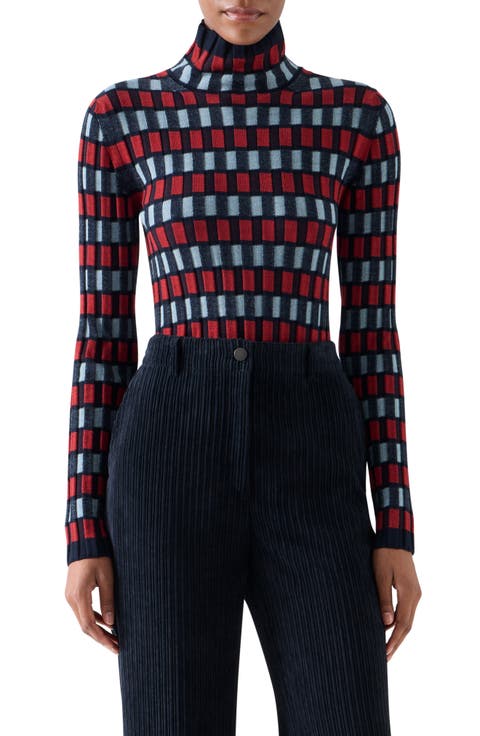 Intarsia Check Wool Turtlenck Sweater