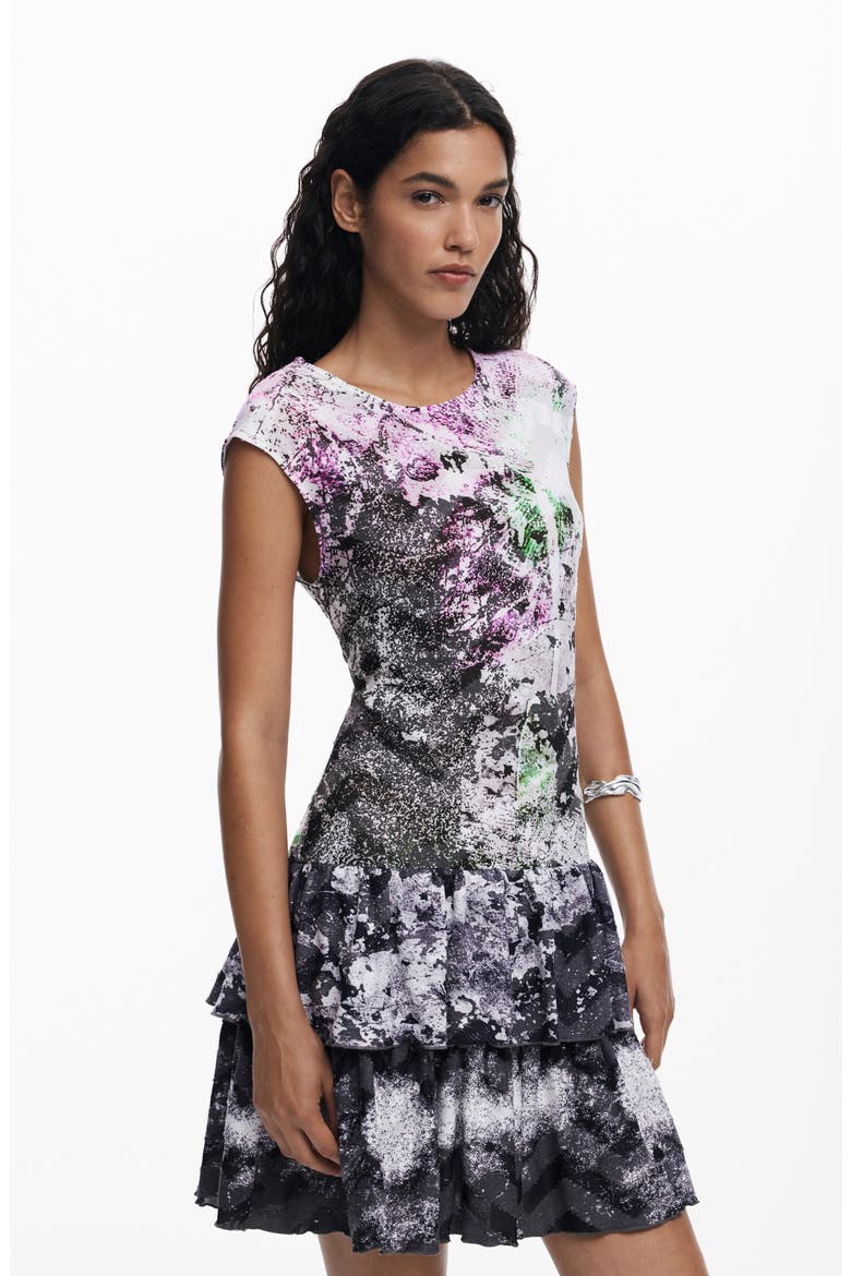 Mixed Print Tiered Dress, Alternate, color, BLACK