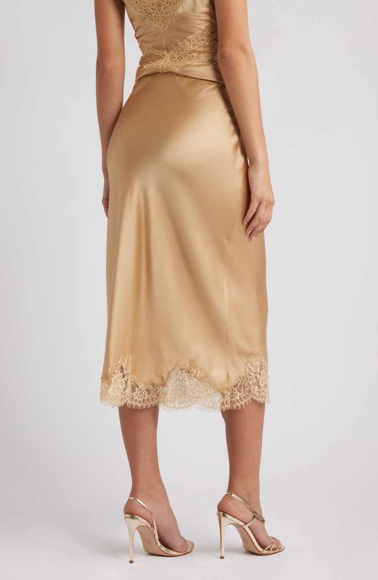 LoveShackFancy Malina Lace Detail Silk Skirt, Alternate, color, Camel Charm