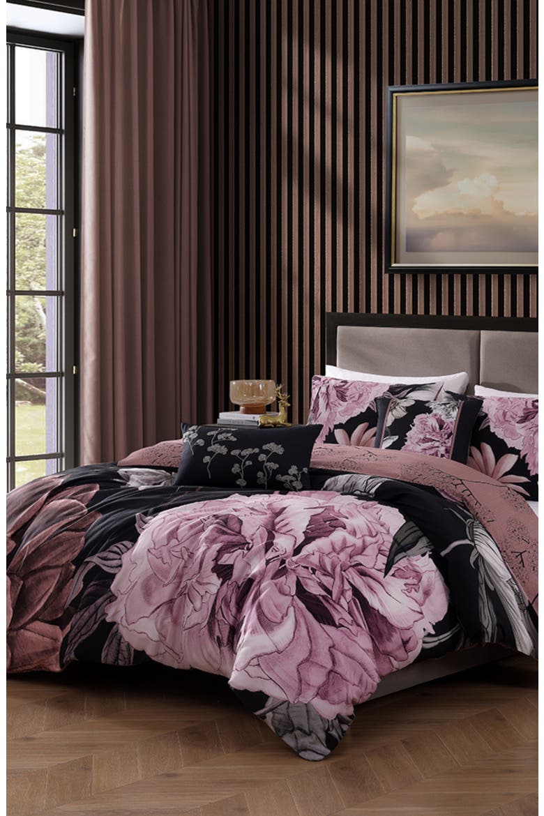 Midnight Meadow 5 Piece Reversible Comforter Set, Main, color, BLACK