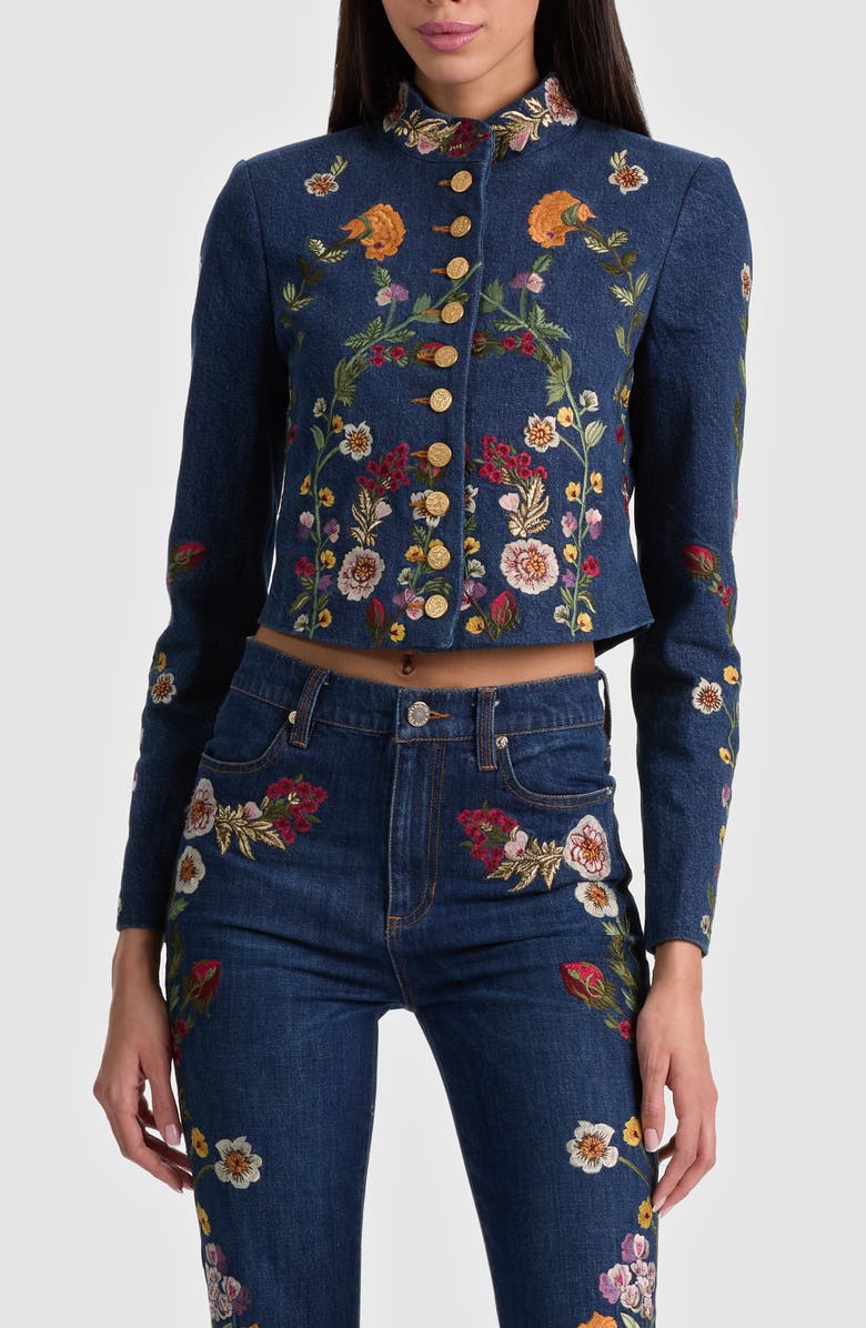 Alice + Olivia Emerson Floral Embroidery Denim Jacket, Main, color, Catherine Dark Multi