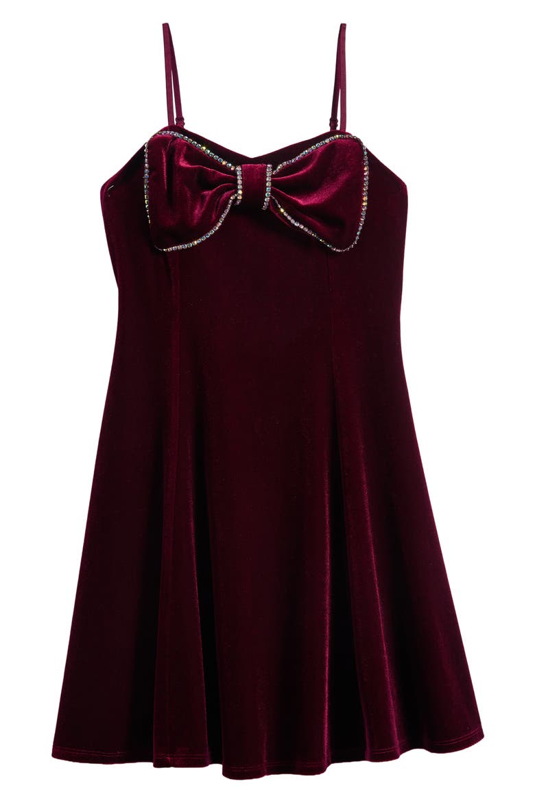 Kids' Crystal Bow Velvet Party Dress, Main, color, BURGUNDY