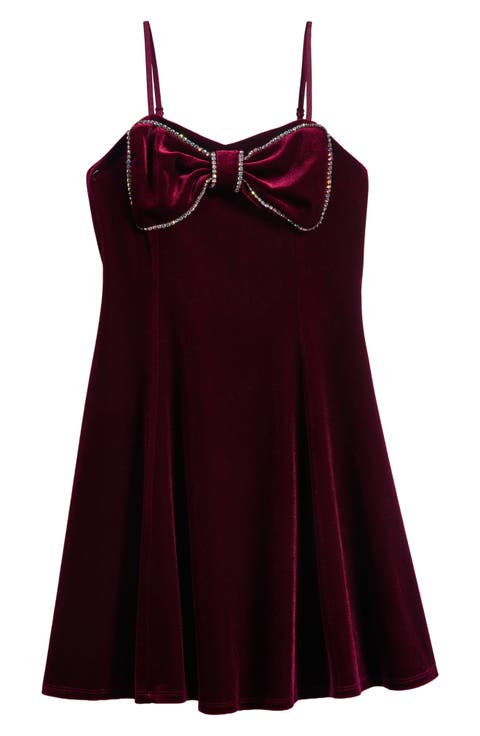 Kids' Crystal Bow Velvet Party Dress