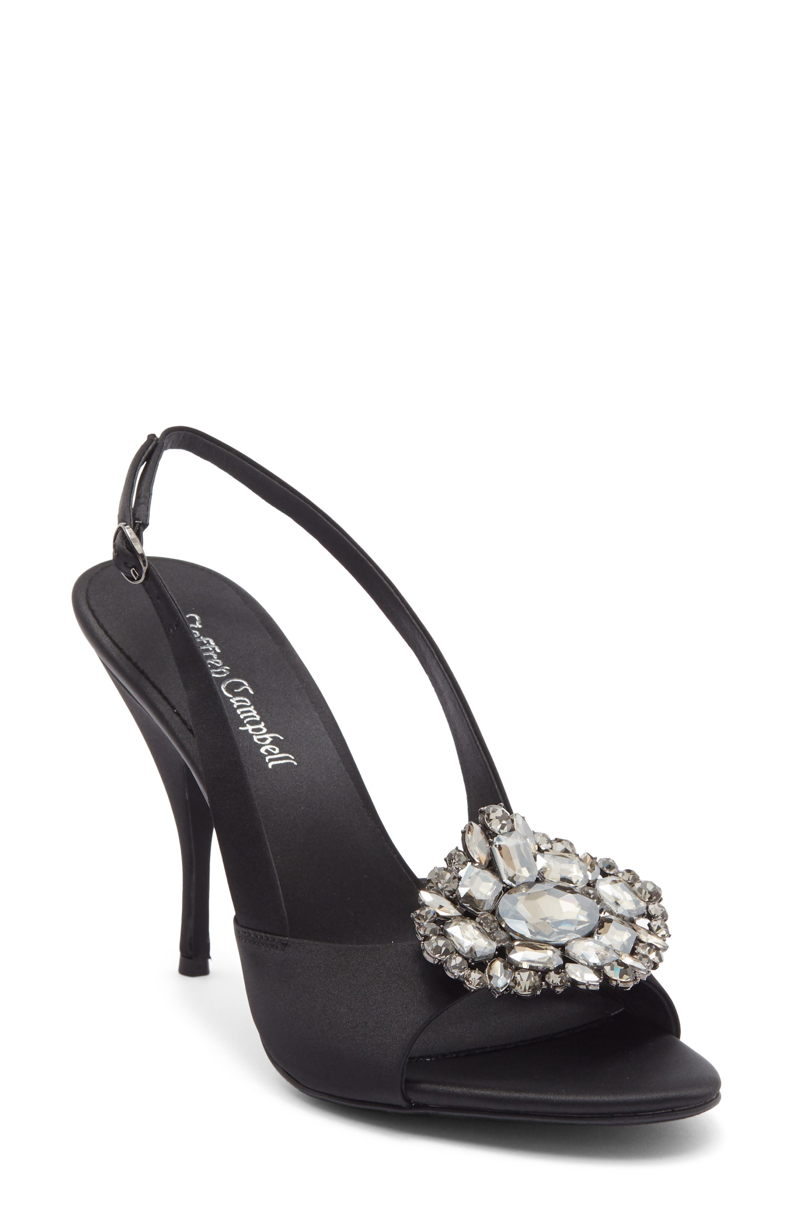 Jeffrey Campbell Triomphe Crystal Embellished Slingback Sandal, Main, color, Black Satin Pewter