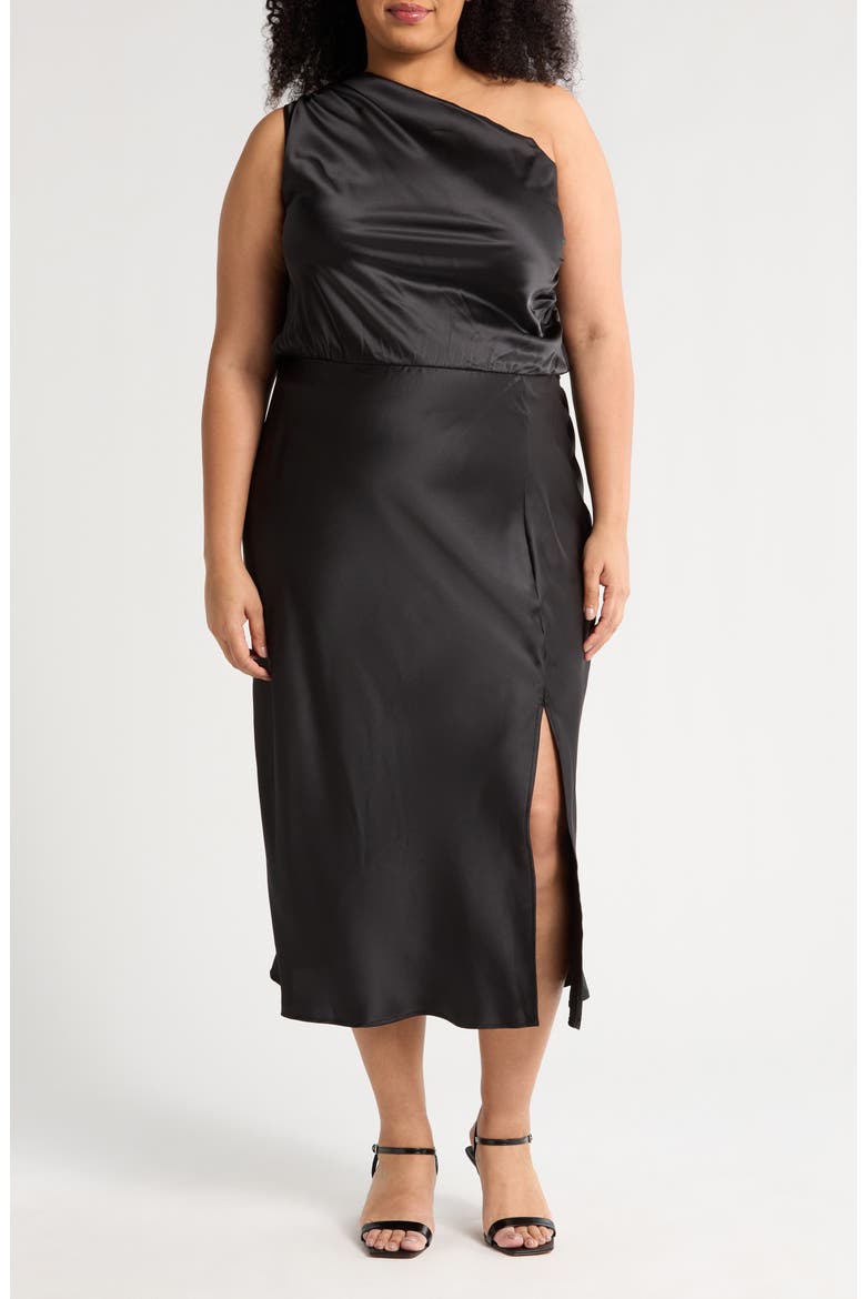 One-Shoulder Satin Midi Dress, Main, color, BLACK