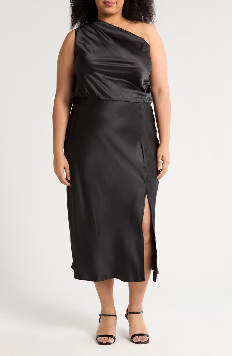 Renee C One-Shoulder Satin Midi Dress, Main, color, Black