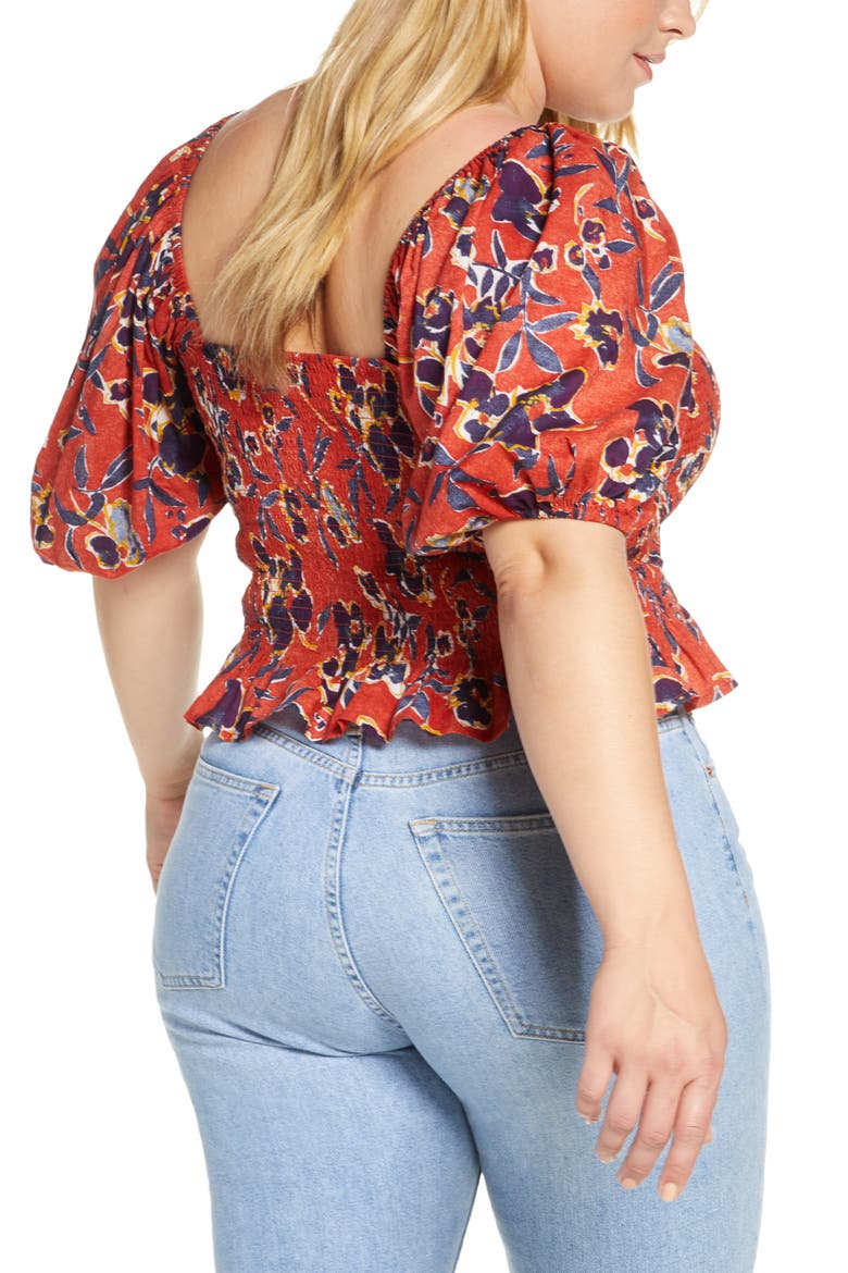 Print Smocked Crop Top, Alternate, color, RED OCHRE ABSTRACT FLORAL