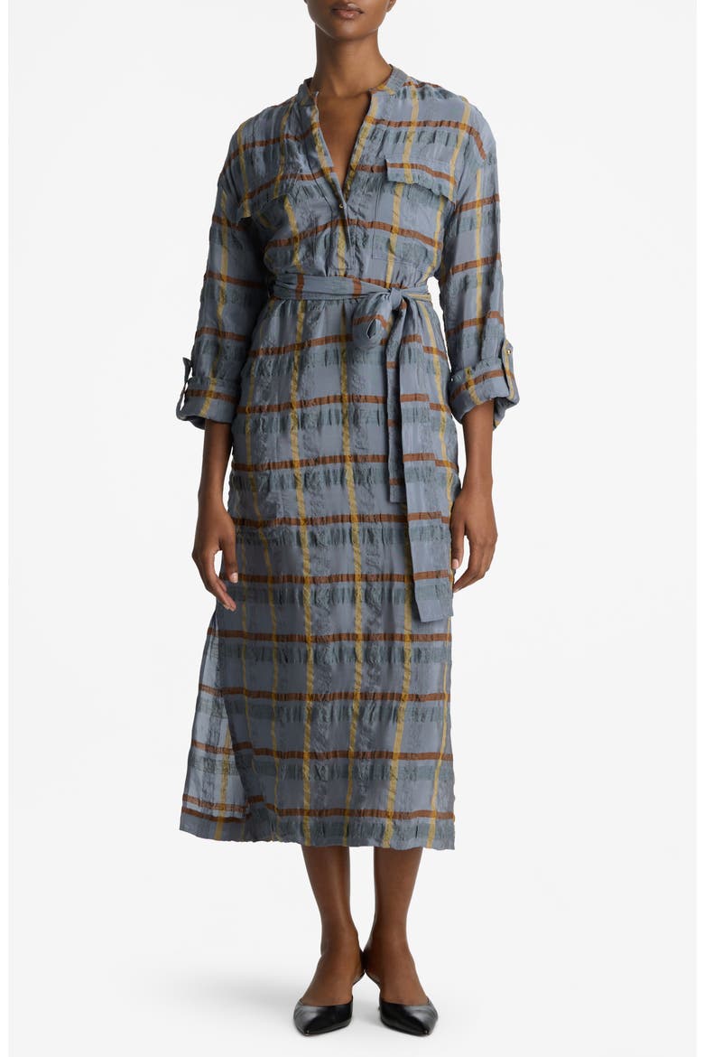 Check Belted Seersucker Midi Shirtdress, Main, color, TAHOE SLATE/ SADDLE MULTI