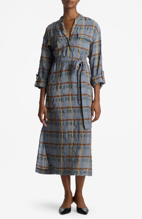 Check Belted Seersucker Midi Shirtdress