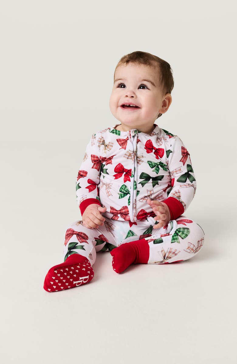 Posh Peanut Bow Print Fitted Convertible Footie Pajamas, Alternate, color, White