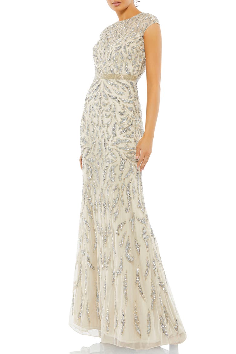 Embellished Illusion Cap Sleeve Column Gown, Main, color, SILVER NUDE