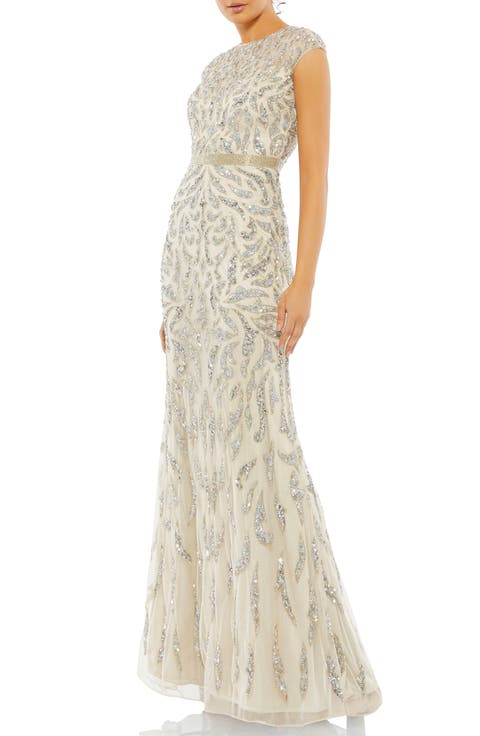 Embellished Illusion Cap Sleeve Column Gown