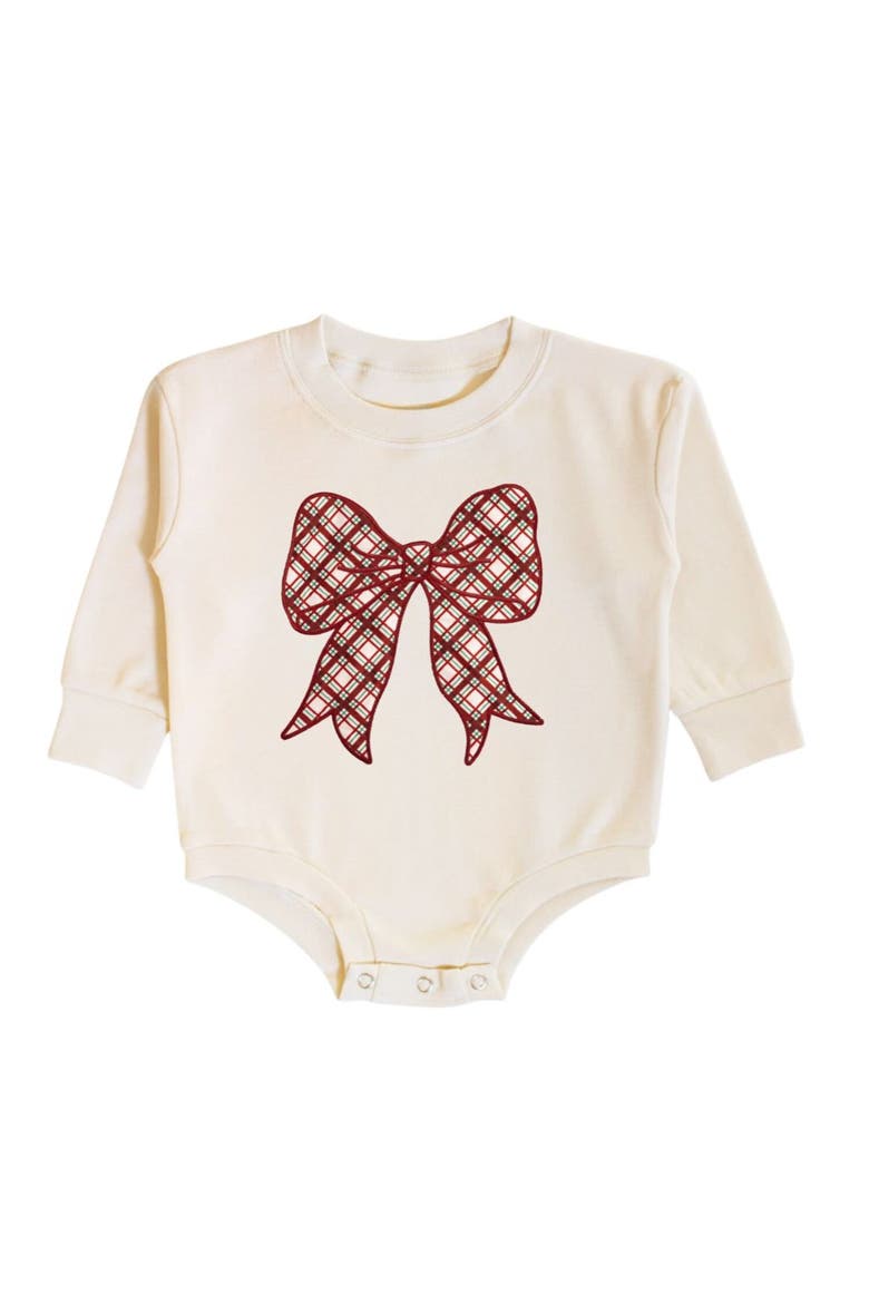 Christmas Plaid Bow Patch Long Sleeve Romper, Main, color, Natural