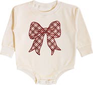 Sweet Wink Christmas Plaid Bow Patch Long Sleeve Romper