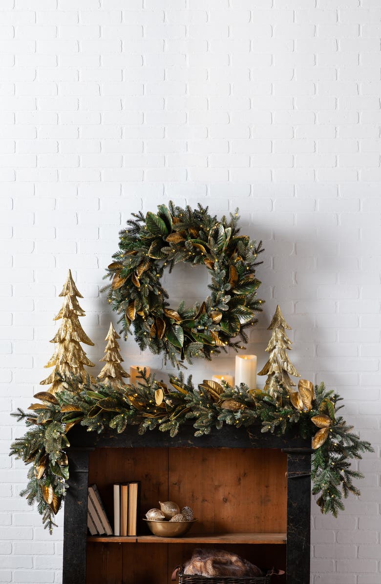 Balsam Hill Gilded Leaf Magnolia Pre Lit Artificial Garland, Alternate, color,
