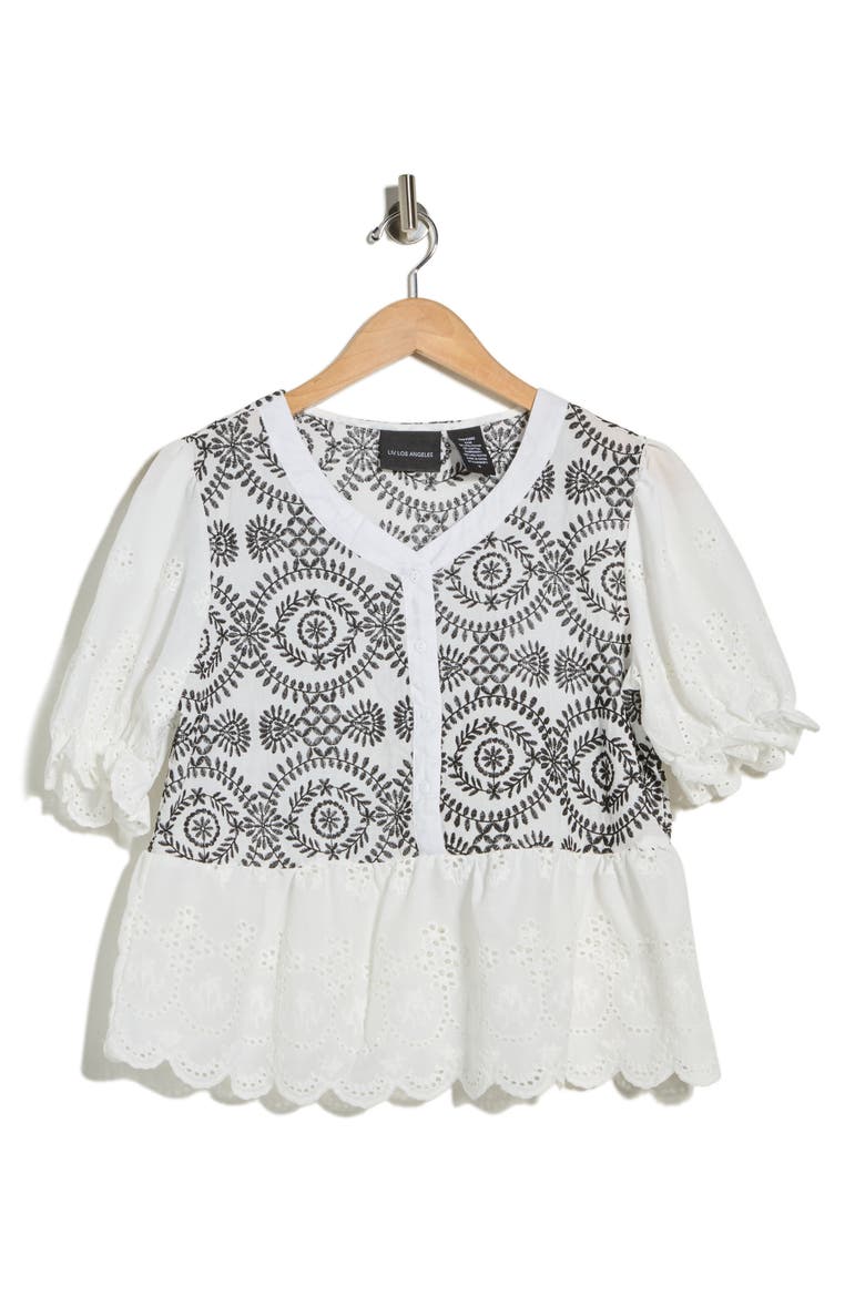Eyelet Embroidered Short Sleeve Button-Up Shirt, Alternate, color, WHITE/ BLACK