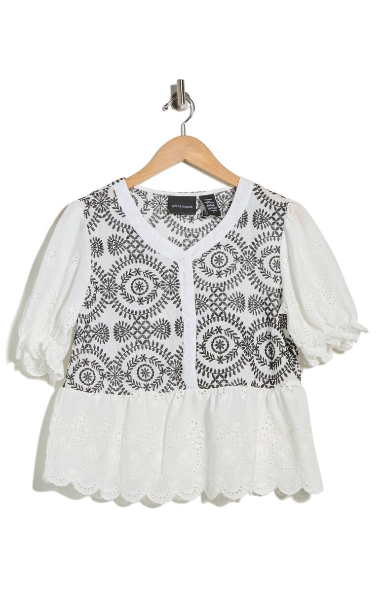 Forgotten Grace Eyelet Embroidered Short Sleeve Button-Up Shirt, Main, color, White/ Black