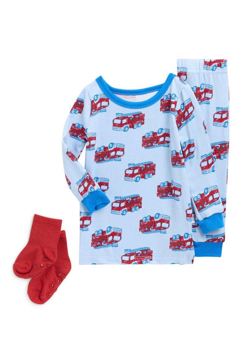 Print Fitted Two-Piece Pajamas & Socks Set, Main, color, BLUE