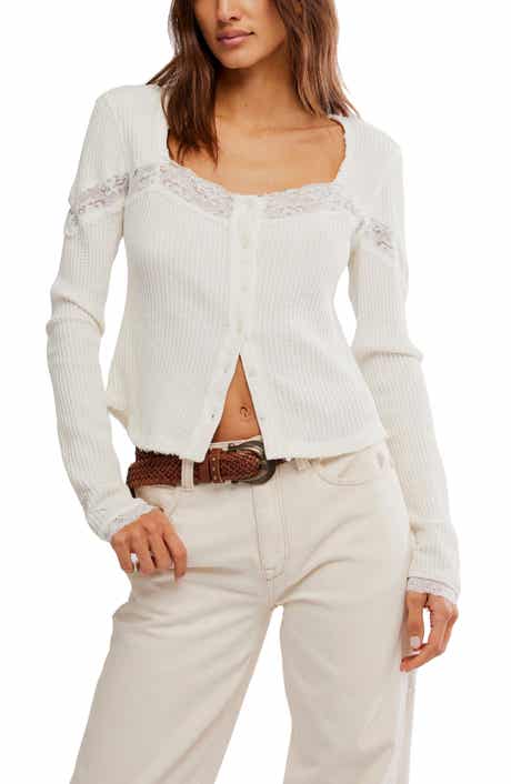 Free People Let's Party Lace Trim Cotton Waffle Cardigan