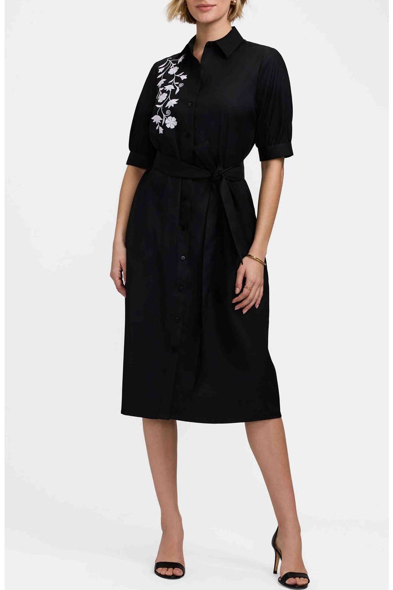 Esther Belted Floral Embroidered Cotton Blend Shirtdress, Main, color, BLACK/ WHITE