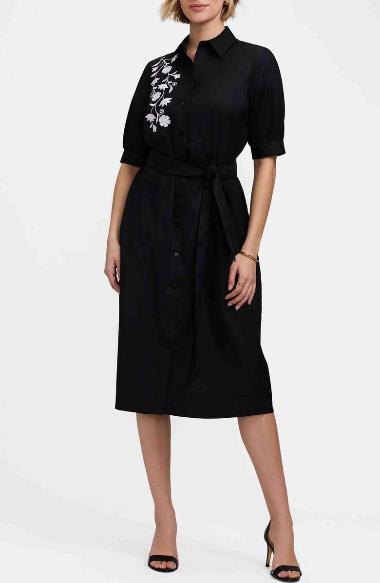 Foxcroft Esther Belted Floral Embroidered Cotton Blend Shirtdress, Main, color, Black/ White