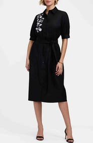Foxcroft Esther Belted Floral Embroidered Cotton Blend Shirtdress