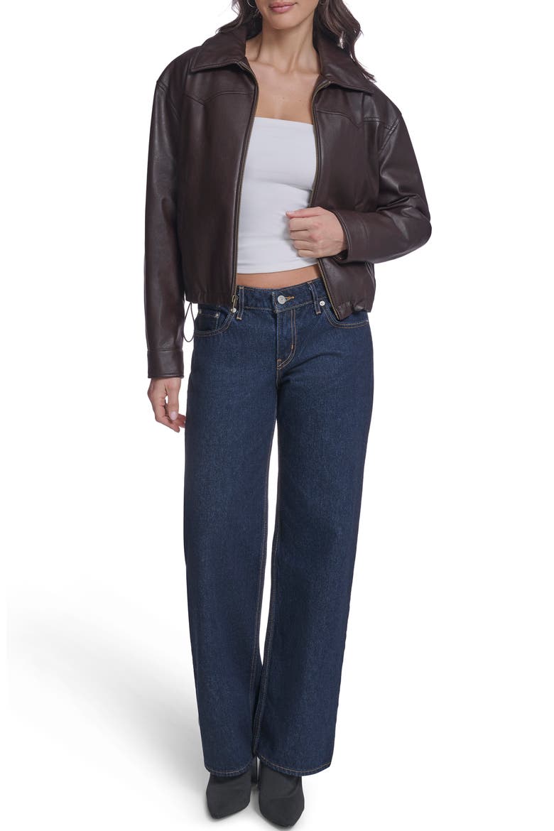 Western Yoke Faux Leather Bomber Jacket, Alternate, color, DARK BROWN