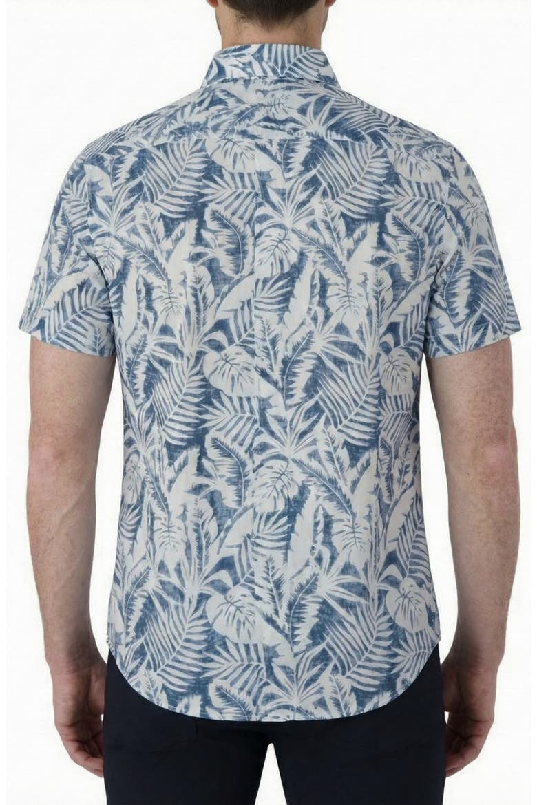 Tropical Print Short Sleeve Linen & Cotton Button-Up Shirt, Alternate, color, BLUE