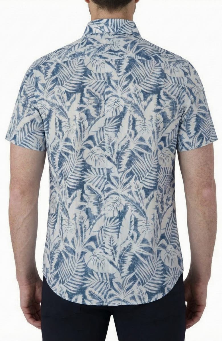 Report Collection Tropical Print Short Sleeve Linen & Cotton Button-Up Shirt, Alternate, color, Blue