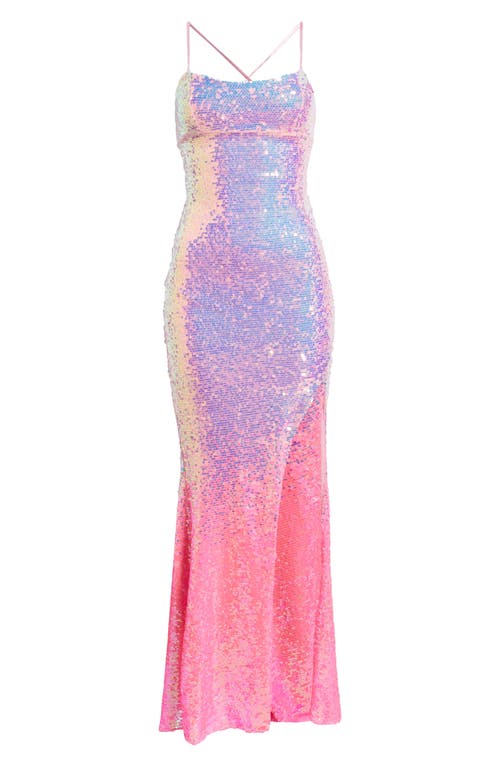 Jump Apparel Ombré Sequin Lace-up Back Gown In Pink
