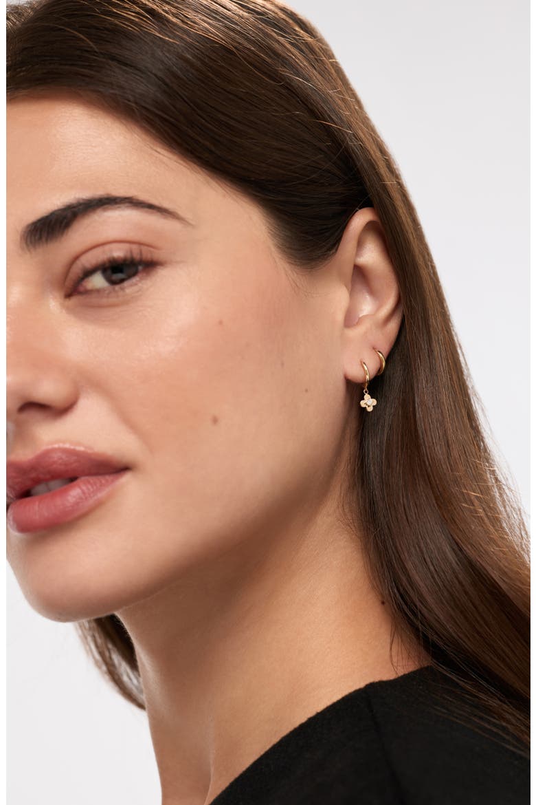 Solid Yellow Gold - Mini Flower Drop Earrings, Alternate, color, Diamond