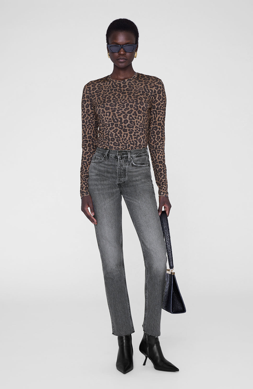 ANINE BING Sylvie Long Sleeve Tee in Black/brown Leopard at Nordstrom, Size X-Small