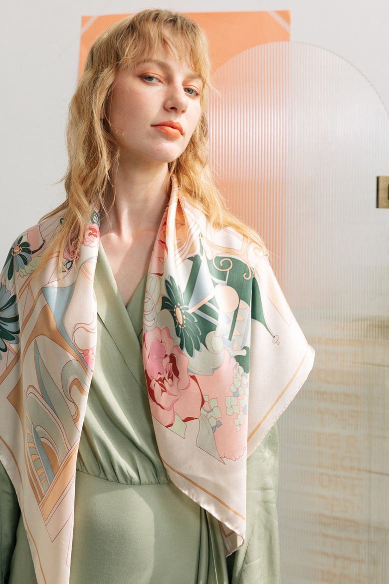 "Vintage Blooms" Large Silk Square Scarf, Alternate, color, Champagne
