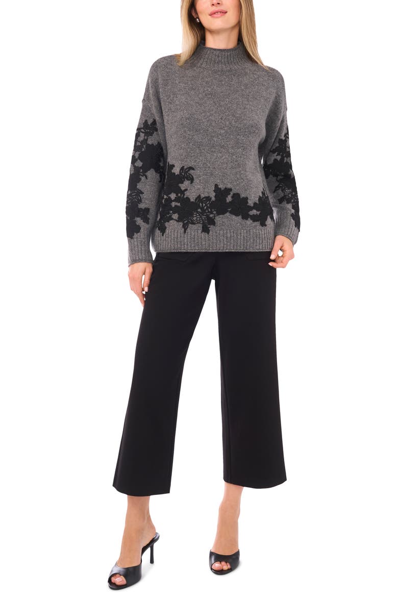 Floral Appliqué Mock Neck Sweater, Alternate, color, SALT AND PEPPER