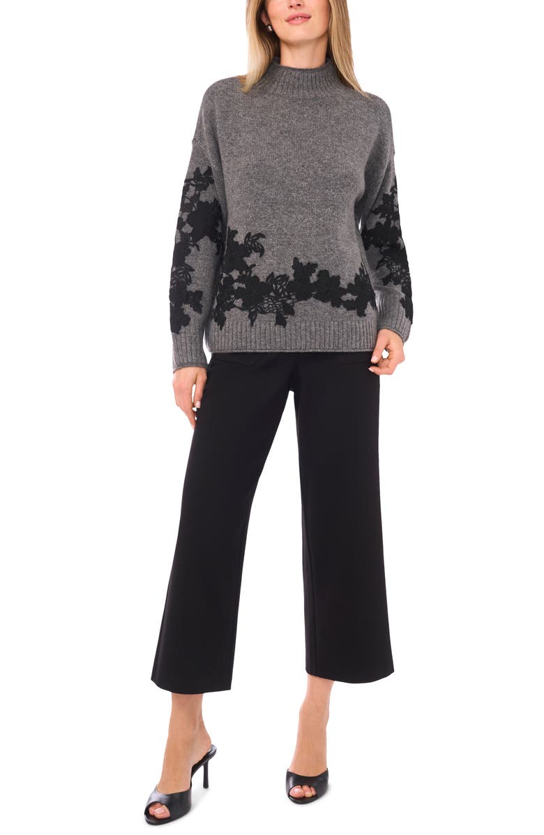 Vince Camuto Floral Appliqué Mock Neck Sweater, Alternate, color, Salt And Pepper